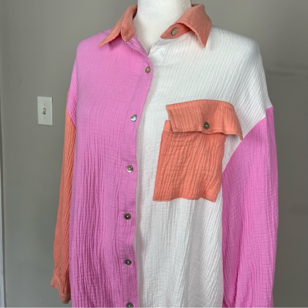 ENTRO COLOR BLOCK BUTTON UP COLLARED COTTON GAUZY TOP SIZE SMALL - Picture 9 of 15